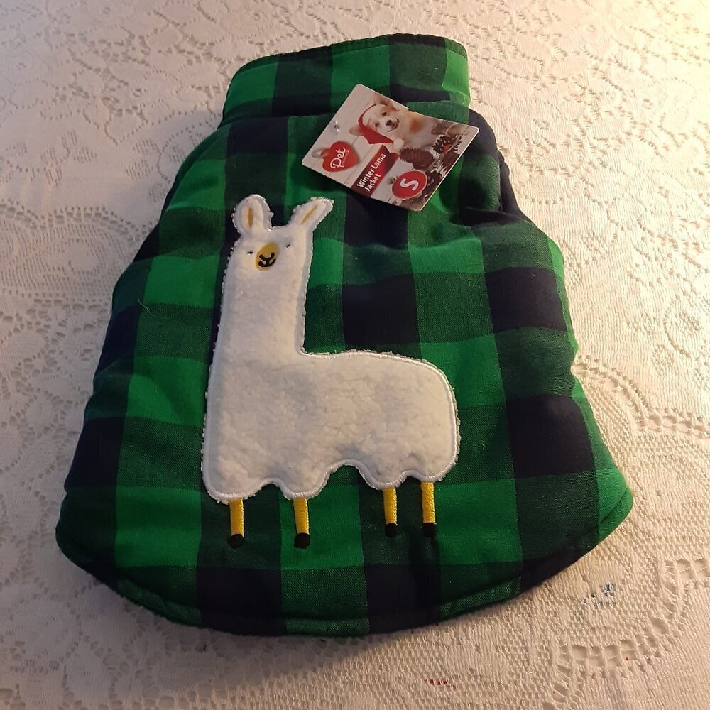Pet Central (S) Winter Lama Dog Jacket. Green/Black Plaid w/White Lama on Front